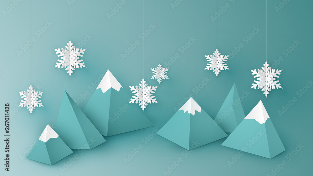 Mountains landscape and paper cut snowflake hanging down. Graphic design for Winter. winter landscape design. paper cut and craft design. vector, illustration.