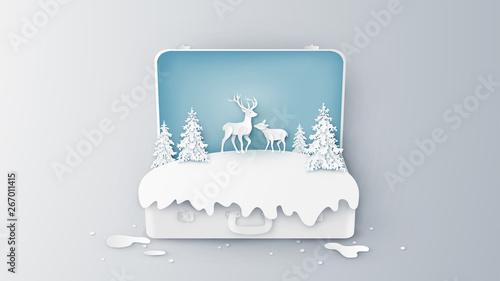 Creative design for Winter landscape and Deer family inside suitcase. Open suitcase for Winter. Graphic design for Winter. paper cut and craft design. vector, illustration.