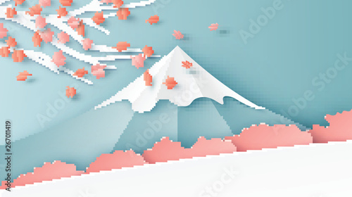 Illustration of mountain view scene with maple leaves blowing away in the wind. Graphic design for autumn. paper cut and craft style. vector, illustration.