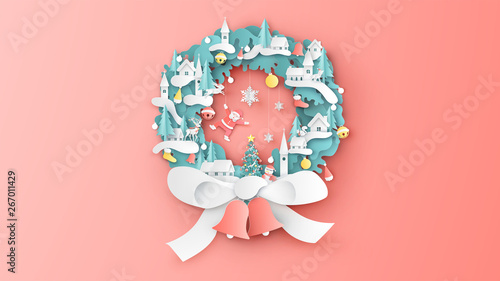 Christmas wreath decorate with village, snowman, Santa Claus, animals, bell, ball, ribbon, snowflake, sock and Christmas tree. Christmas wreath design. paper cut and craft design. vector,illustration.