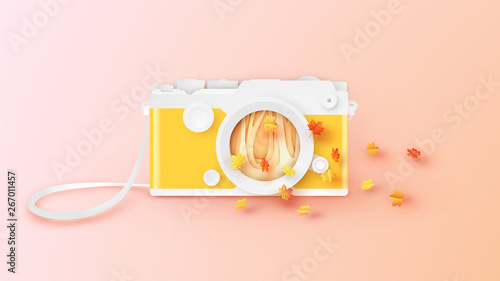 Illustration of creative design for Autumn with maple leaves blowing away out of the camera lens. Graphic design for Autumn. paper cut and craft design. vector, illustration.