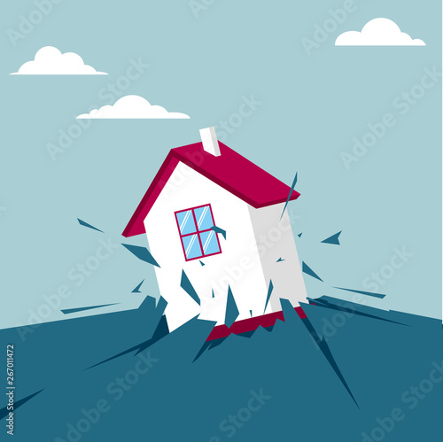 The villa broke through the ground. Isolated on blue background.