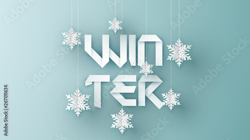 Calligraphy design for Winter with snowflake hanging down. Graphic design for Winter. paper cut and craft design. vector, illustration.