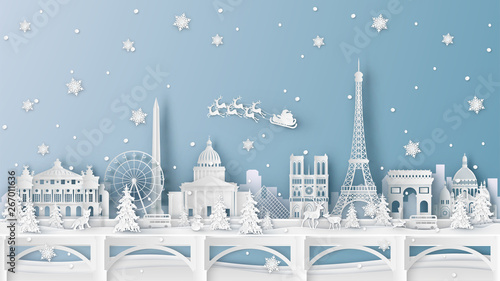 Winter landscape and Christmas season with the world famous architecture in Paris, France. paper cut and craft design. vector, illustration.