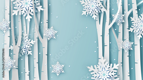 Illustration of Winter landscape with snow fall in forest. and place for your text space. paper cut and craft design. vector, illustration.