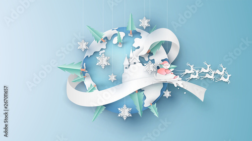 Merry Christmas, Santa Claus and reindeer deliver gifts around the world in Christmas. paper cut and craft design. vector, illustration.