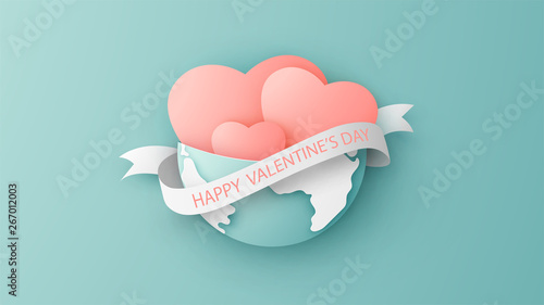 Heart of love around the world in Valentine’s day. Earth with heart and paper ribbon with text Happy Valentine’Day. paper cut and craft style. vector, illustration.