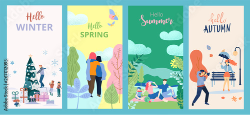 Hello summer, spring, autumn, winter. Set of posters or cards with people and outdoor seasonal entertainment.
