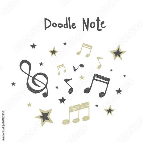 Hand drawn musical notes and stars and a treble clef. Musical notes in doodle style.Vector illustration