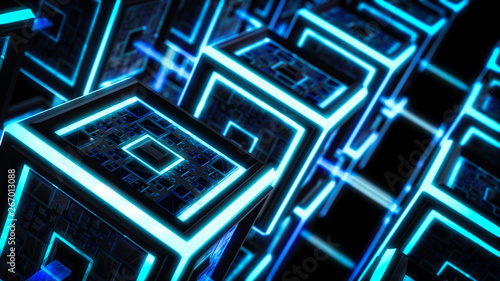 Block chain, Modern Sci Fi Technology Background. Concept About Future Connected And Sending Digital Data On Network. 3d illustration.