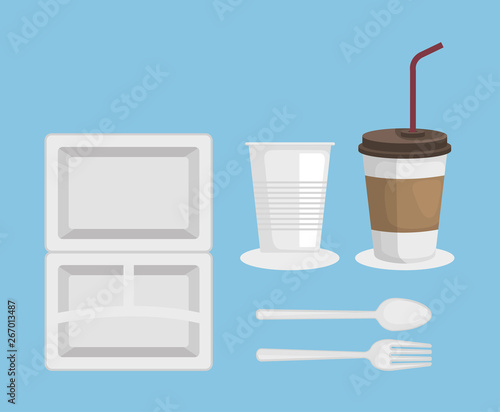 set of plastic plate with cups and spoon with fork over blue background