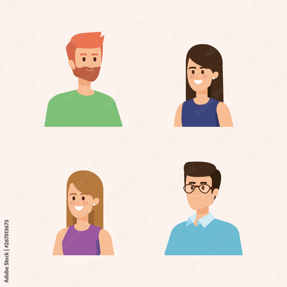 set of happy women and men head with hairstyle set of happy women and men head with hairstyle