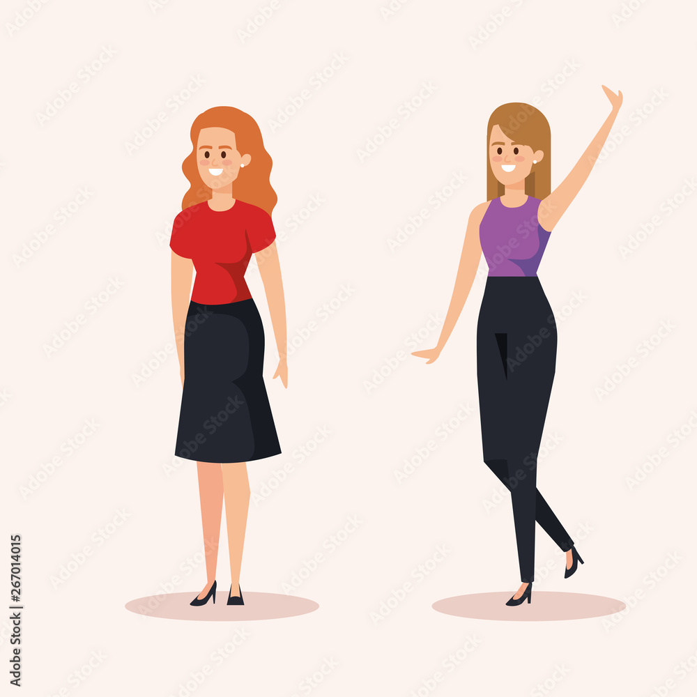 set of women with hairstyle and casual clothes set of women with hairstyle and casual clothes