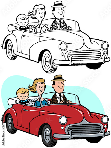 A family out for a drive in their convertible sports car. 