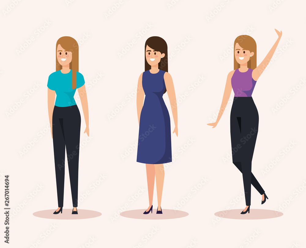 set of happy women with casual clothes and hairstyle