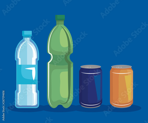 set of plastic bottle and cans recycle
