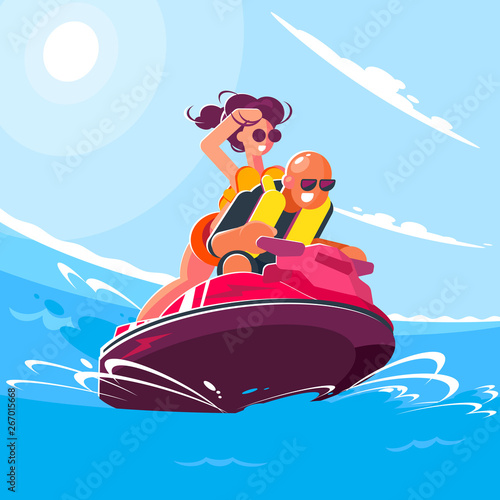 Cheerful young guy with a girl ride a water scooter on the sea on a sunny summer day. Flat style illustration of smiling characters engaged in active sports and entertainment.