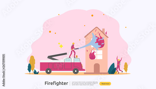 Firefighter using water spray from hose for fire fighting burning house. fireman in uniform, fire department rescuer. illustration for web landing page, banner, presentation, promotion or print media.