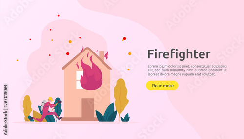 Firefighter using water spray from hose for fire fighting burning house. fireman in uniform, fire department rescuer. illustration for web landing page, banner, presentation, promotion or print media.