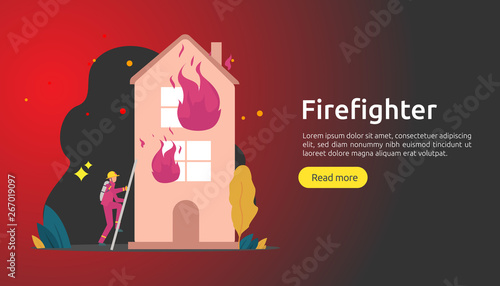 Firefighter using water spray from hose for fire fighting burning house. fireman in uniform, fire department rescuer. illustration for web landing page, banner, presentation, promotion or print media.