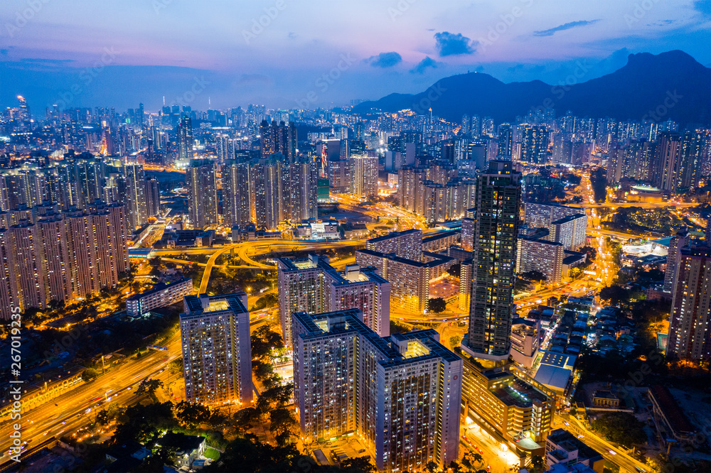 Fototapeta premium Top view of Hong Kong cityscape at night