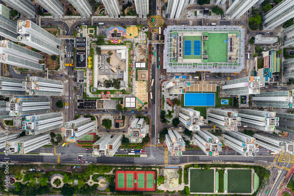 Aerial view of Hong Kong urban city