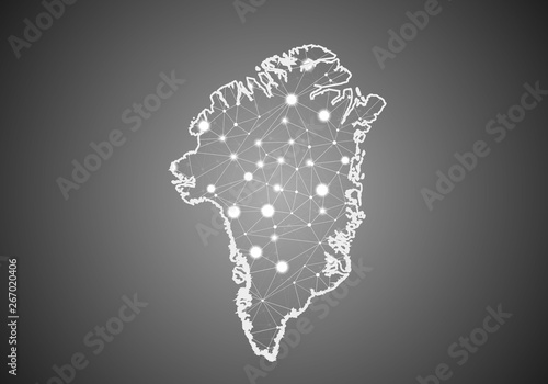 Vector wireframe mesh polygonal of greenland map. Abstract global connection structure. Map connected with lines and dots. Geometric world concept.  digital data visualization, infographics.