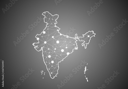 Vector wireframe mesh polygonal of india map. Abstract global connection structure. Map connected with lines and dots. Geometric world concept. digital data visualization, infographics.