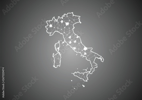 Vector wireframe mesh polygonal of italy map. Abstract global connection structure. Map connected with lines and dots. Geometric world concept. digital data visualization, infographics.
