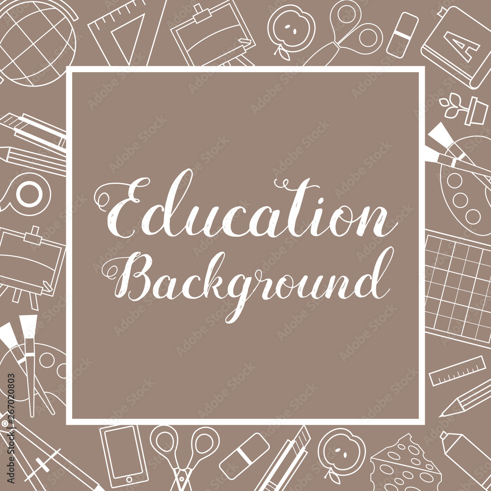 Education School Supplies Lined Icon Stuff Square Banner Brown Background Vector Illustration