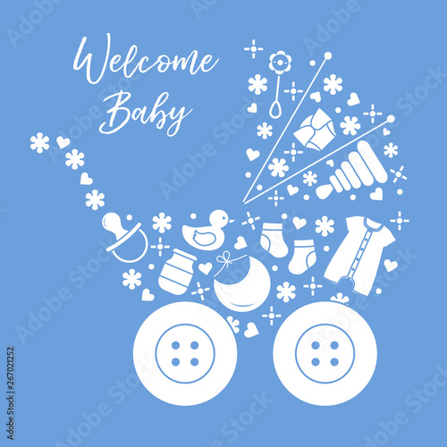 Newborn baby vector illustration. Baby stroller