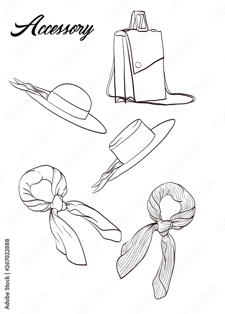 Drawing of different kind of lady accessories.