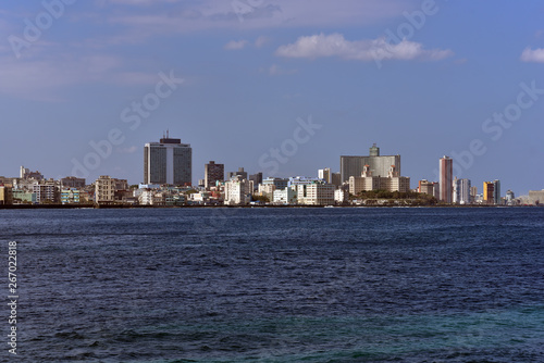 Panoramic view and cityscape of the Malecon seawall of Havana, Cuba, from the Morro Castle