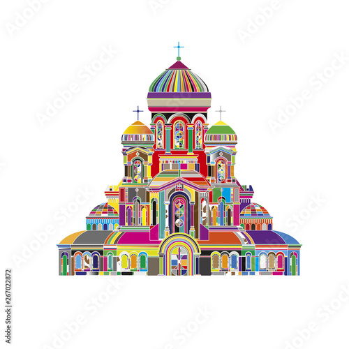 Abstract Cathedral orthodox church temple building landmark tourism world religions and famous structure traditional city. Ancient old tower vector illustration