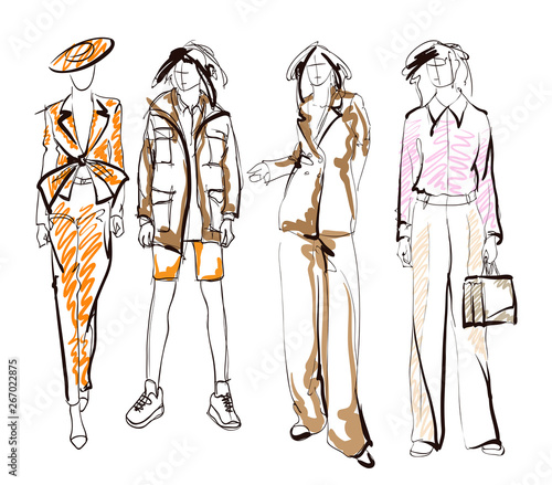 Stylish fashion models. Pretty young girls. Fashion womans Sketch
