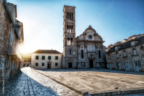 Street view of Hvar Town in Croatia. Hvar Town is the famous town for summer beach vacation on Hvar Island in Dalmatia, Croaita. photo