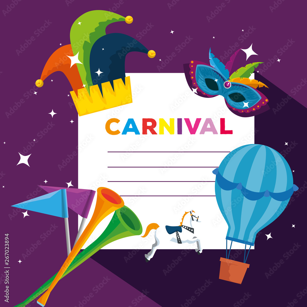 Εκτύπωση καμβά carnival card with joker hat and air balloon to festival celebration