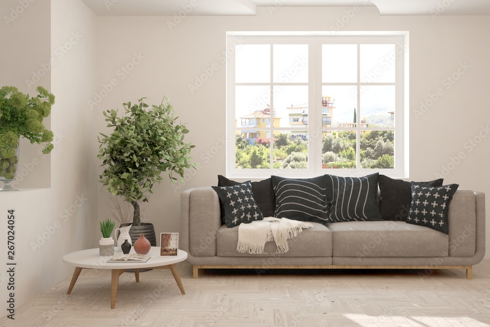 Stylish room in white color with sofa and summer landscape in window. Scandinavian interior design. 3D illustration Stylish room in white color with sofa and summer landscape in window. Scandinavian interior design. 3D illustration