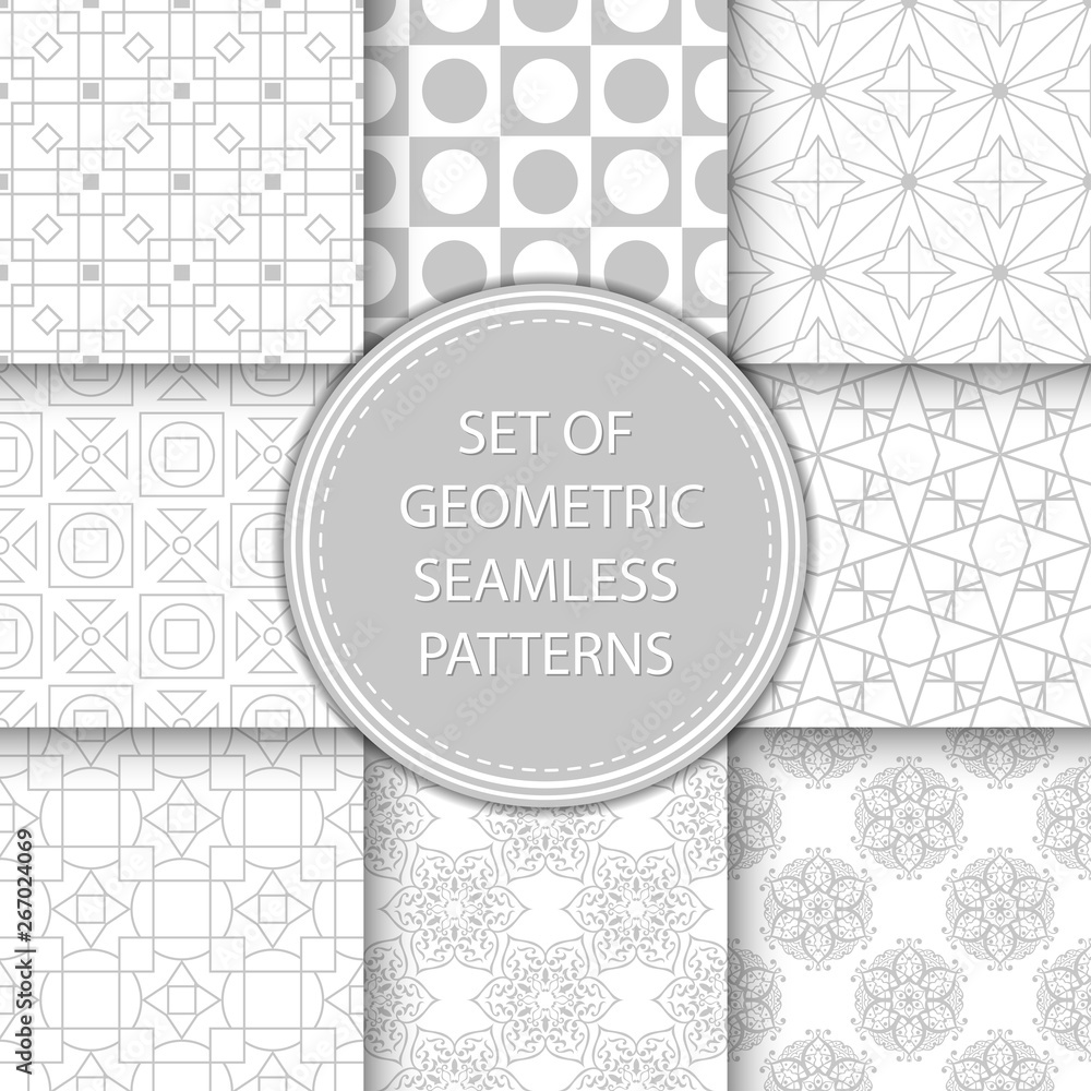 Compilation of seamless patterns. Gray abstract and geometric prints on white backgrounds