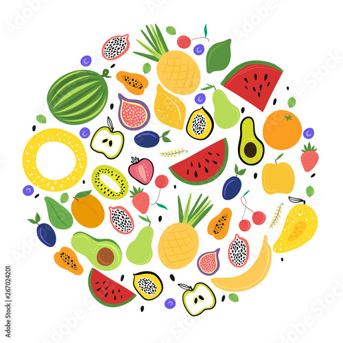 Fototapeta Naklejka Na Ścianę i Meble -  Fresh colourful fruit arranged in circle. Vector illustration.