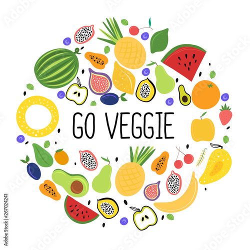 Go veggie.Fresh colourful fruit arranged in circle. Vector illustration.