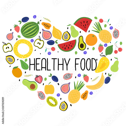 Healthy food.Fresh colourful fruit arranged in heart. Vector illustration.