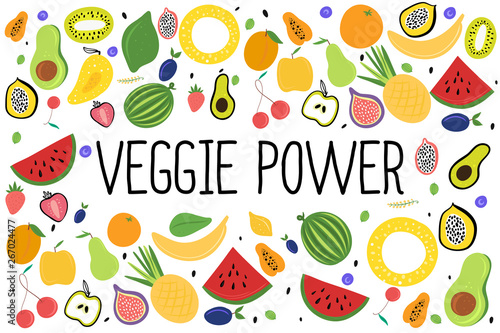 Veggie power.Organic and fresh fruit vector illustration.