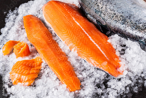 Photography raw salmon fish on the ice