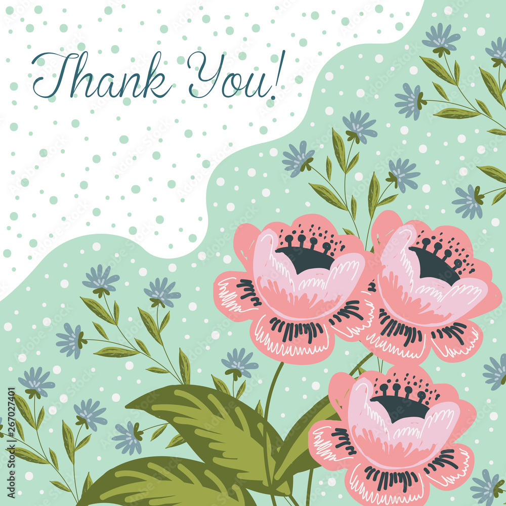 Thank you. Hand drawng brush picture . Doodle Flowers and leaves ...