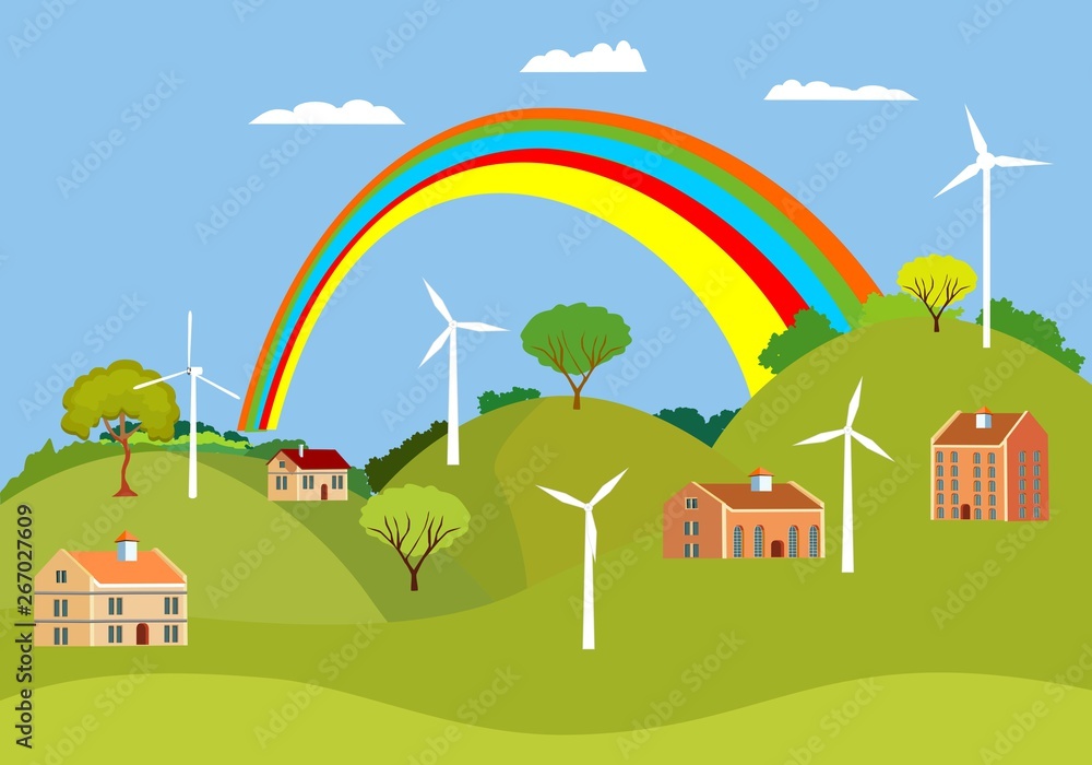 Cottage houses on green hills. Vector countryside Landscape with rainbow  on Background. 