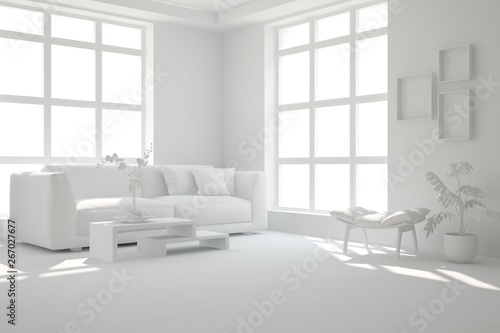 Mock up of stylish room in white color with sofa. Scandinavian interior design. 3D illustration