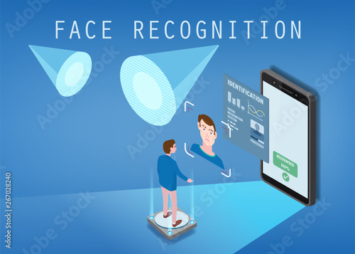 Isometric design. The smartphone scans the face of a person. Biometric identification, male