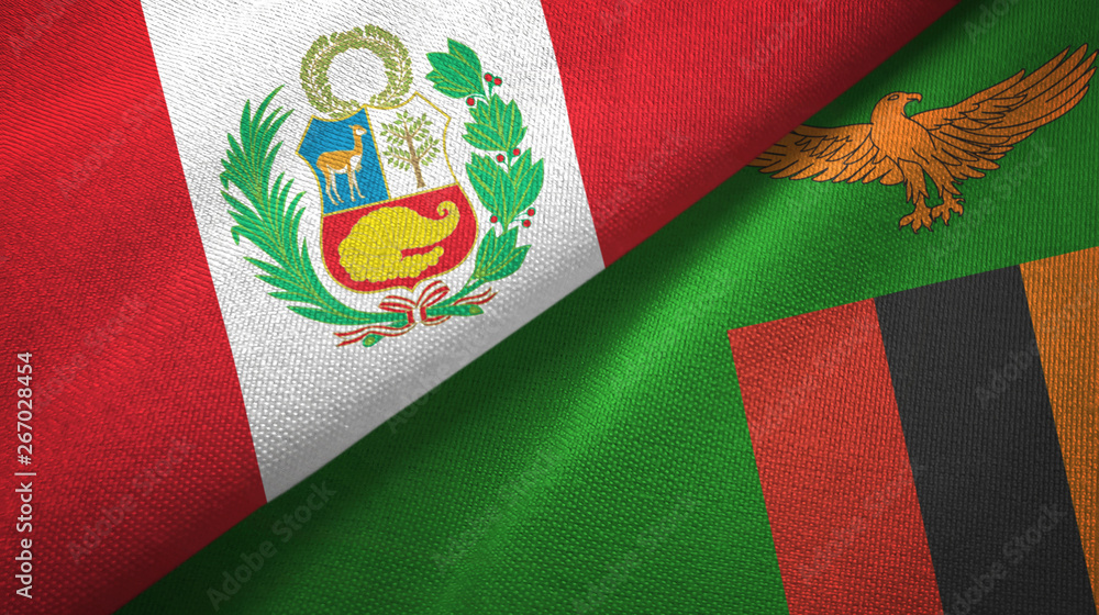 Peru and Zambia two flags textile cloth, fabric texture Peru and Zambia two flags textile cloth, fabric texture