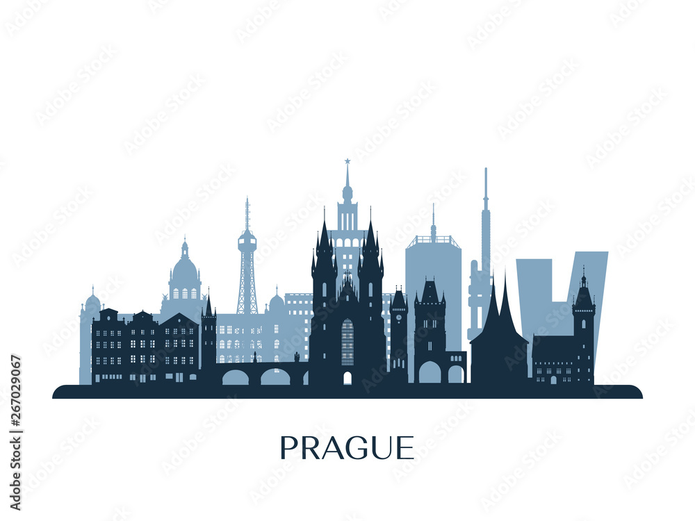 Prague skyline, monochrome silhouette. Vector illustration. - obrazy, fototapety, plakaty 